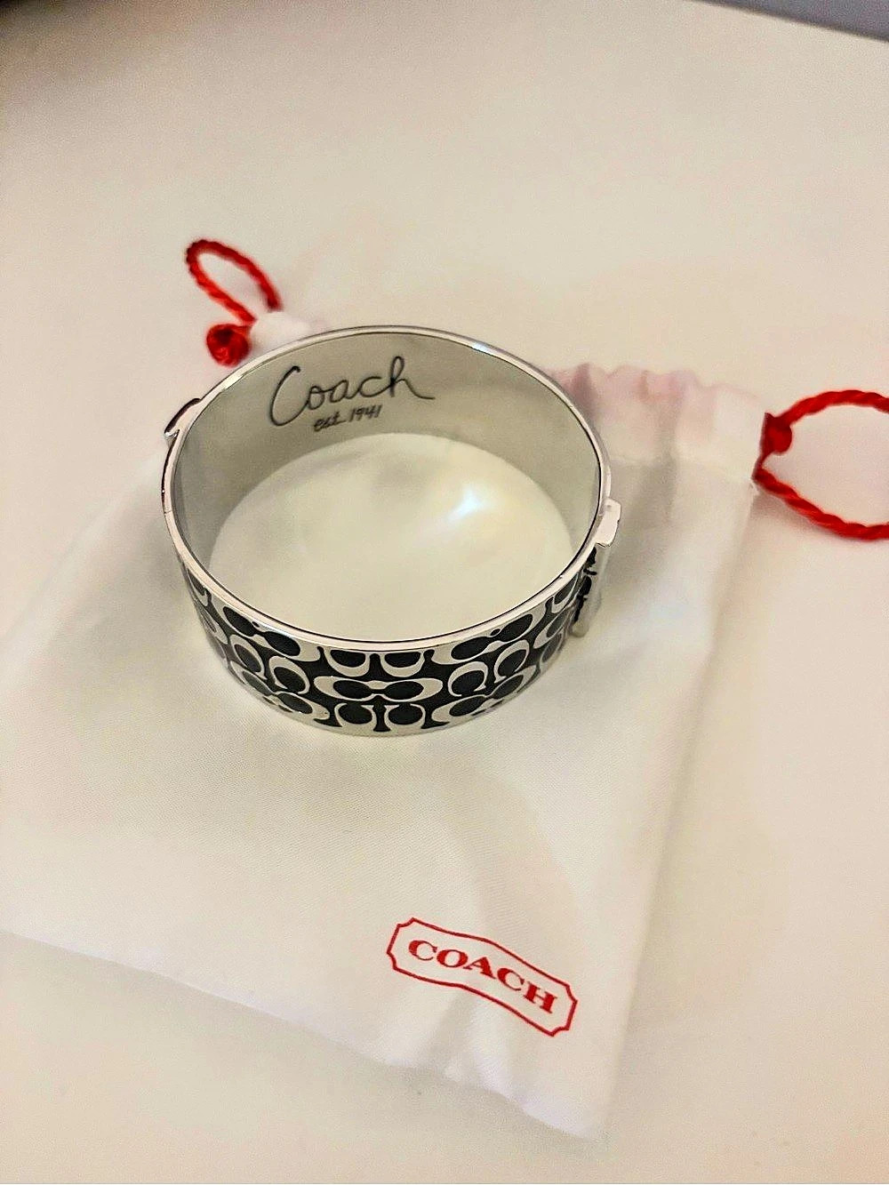 Coach Signature C Enamel Hinged Bangle Silver & Black